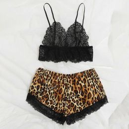 Spaghetti Strap Lace Pajama Set Sleeveless Leopard Print Pyjamas Sleep Short Set Lace Pijama Suit Sleepwear Women Sexy Nighties Q0706