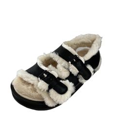 Sandals Women With Heel Platform Winter Fur Buckle Flats Street Luxury Designer Shoes Fashion Warm Ladies Sandel Sandalen Dames