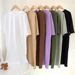 Women Summer Casual Loose Solid Cotton T Shirt Dress Solid O Neck Oversize Mini Dress Batwing Short Sleeve Basic Dress Vestidos 210316