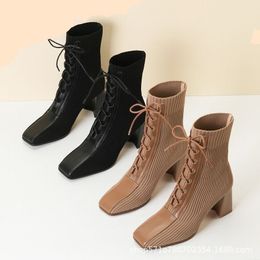 New Fashion Stitching Knitted Stockings Boots High Heel Plush Linner Shoes Square Toe Thin Boots for Spring and Autumn