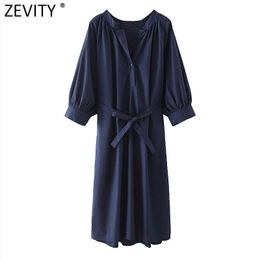 Zevity Women Simply Solid Colour V Neck Pleats Puff Sleeve Shirt Dress Female Chic Bow Sashes Casual Business Vestido DS5032 210603