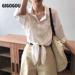 GIGOGOU Loose Casual White Shirts for Women Turn Down CollarFemale Top Blouse Spring Summer BF Korean Style Blusaa Pockets 210719