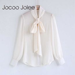 Jocoo Jolee Fashion Chiffon Women Blouse Long Sleeve Casual Bow Tie Deep V Neck Lace Up Tops Shirt Feminine kimono 210619