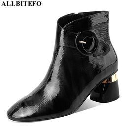 ALLBITEFO fashion buckle genuine leather thick heels ankle boots for women thick heels office ladies shoes winter women boots 210611