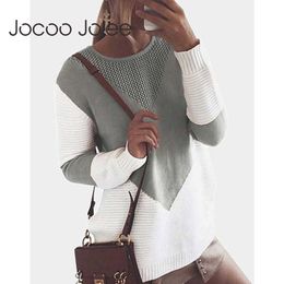 Jocoo Jolee Women Autumn Winter Long Sleeve O Neck Colour Block Sweater Vintage Patchwork Loose Sweater Casual Pullover Jumpers 210619