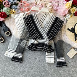 Neploe White Black Perspective Mesh Blouse Tops Sexy V-neck Striped Women Shirt Spring Long Sleeve Slim Waist Blusas 57054 210225
