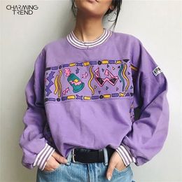 Women Hoodies Purple Autumn Round Neck Young Girls Female Printed Clothes Loose Cute Women Pullover Sweatershirts Oversize 201103