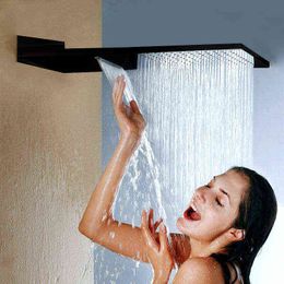 Black 16" Ultrathin Stainless Steel 304 Stainless Steel Waterfall & Rainfall Shower Head Square Wall Mounted Sprayer H1209