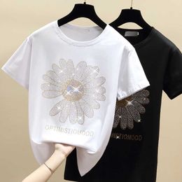 Harajuku T shirt Women Clothes Diamond Flowers Cotton Short Sleeve Casual White Female T-Shirt Summer Tops Black Tee Shirt Femme 210604