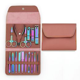 Nail Art Kits Magic Colourful Clipper Set 16pcs/set Rose Red Tools Manicure Tool With PU Leather Folding Bag