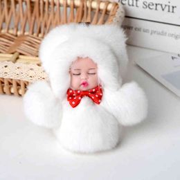 Fashion Real Rex Rabbit Fur Sleeping Baby Toy Keychain Women Charms Fluffy Pompom Doll Party Trinket Bag Pendant