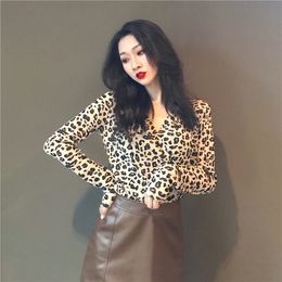 New design women's v-neck sexy autumn long sleeve gauze leopard print t-shirt tops