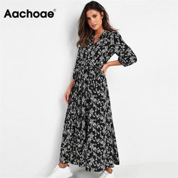 Aachoae Vintage Floral Print Maxi Dress Women Boho Three Quarter Sleeve Long Dress Turn Down Collar Casual Shirt Dresses Robe 210304