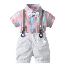 Summer Baby Boy Clothes Suits Gentleman Boy Short-Sleeve Plaid shirt +Overalls Shorts With Tie cotton Wedding Boys Clothes Set 210226