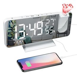 LED Digital Projection Alarm Clock Table Electronic Desktop Clocks USB Charge FM Radio Time Projector Snooze Function 2 210804