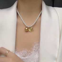 origin fashion UK - Pendant Necklaces Origin Summer Statement Gold Color Shield Round Ball Necklace For Women Fashion Faux Pearl Beaded Metal Jewelry