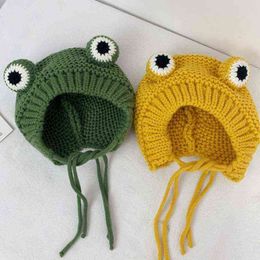 Kids Baby Winter Chunky Cable Knitted Beanie Hat Cute Cartoon Frog Shaped Warm Plush Lined Outdoor Windproof Toddler Earflap Cap Y21111