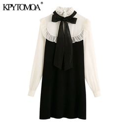 KPYTOMOA Women Fashion With Tied Organza Patchwork Knitted Mini Dress Vintage High Collar Long Sleeve Female Dresses Mujer 210309