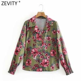 Zevity Women Fashion Floral Print Turn Down Collar Smock Blouse Female Elastic Sleeve Cuff Shirts Chic Blusas Tops LS7683 210603