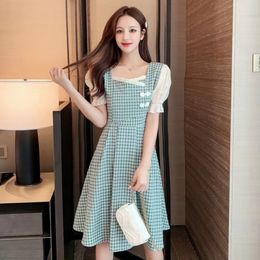 Plaid Dresses Women Ruffles Puff Short Sleeves Pleated High Waist Slim Chinese Style Sweet Elegant Streetwear Simple Girl Trendy C0304