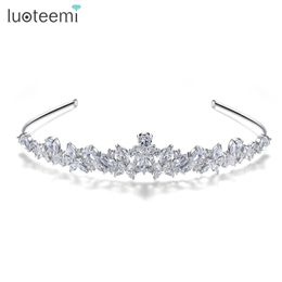 LUOTEEMI Luxury Wedding Bridal Crystal Tiara Crowns Princess Queen Pageant Clear CZ Jewelry Headband Hair Accessories 210707