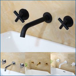 Taps Fashion Wall Sink Basin Mixer Tap Set Bathroom Spout Faucet With Double Lever In Matt Black/Polished Gold