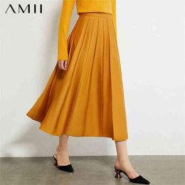 Minimalism Autumn Fashion Women Skirt Causal Solid Pleated Aline High Waist Calf-length Female 12040501 210527