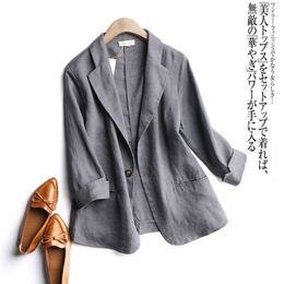 Summer Arts Style Women 3/4 Sleeve Loose Casual Blazers Single Button Cotton Linen Solid Blezer Femme Coat Plus Size S995 211104