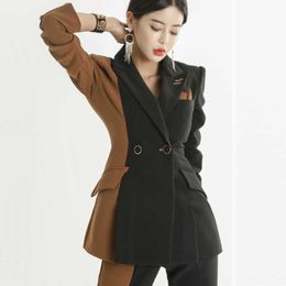 Autumn Office Ladies Hit color two piece set top and pants Elegant Female Casual Business matching suit sets Women clothing 210529