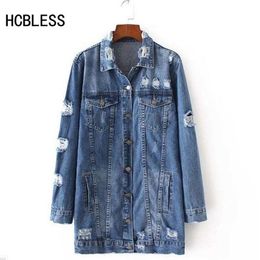 HCBLESS Denim Jackets Women Hole Boyfriend Style Long Sleeve Vintage Jean jacket Denim Loose Spring Autumn Denim Coat Jean T200212