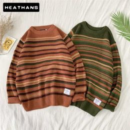 Stripe Sweater Men Vintage Thick Coarse Wool Korean Loose O-Neck Pullover Sweater Men Contrast Color Casual Wild Personality Top 211008