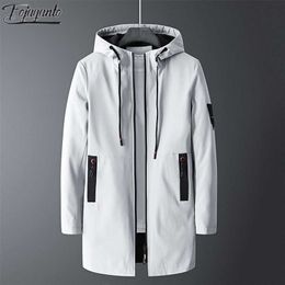 FOJAGANTO Men's Mid-Length Jacket Youth Korean Style Slim Stand-Up Collar Windbreaker Casual Hooded Windproof Jacket Men 211103