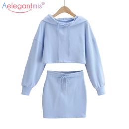 Aelegantmis Hoodies Skirt Two Piece Set Women Casual Sets Cropped Sweatshirts Suits Drawstring Hooded Pullover 5 Colors 210607