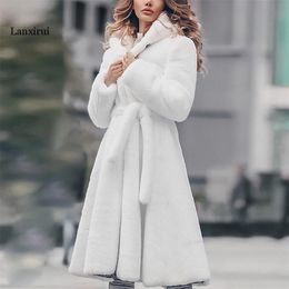 Faux fur coat long Winter Thicken White Coat Lace-up Solid Colour Slim Long Plush Fur Hooded Warm Jacket fashion 211220