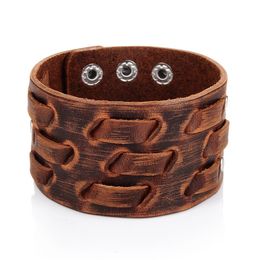 Fashion Genuine Leather Bracelet for Men Brown Wide Cuff Bracelets & Bangle Wristband Vintage Punk Male Jewellery Gift