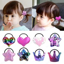 2Pcs/lot Rainbow Sequins Elastic Hair Bands For Cute Girls Crown Star Heart Hair Tie Ropes Ponytail Holder Kids Hair Accessories