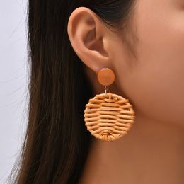 Female Trendy Handmade Woven Vine Rattan Knit Drop Earrings For Women Bohemia Round Wooden Dangle Earring Beach Style Jewelry