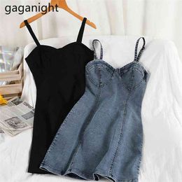 Sexy Solid Spaghetti Strap Dress Women V Neck Bodycon Mini Denim Club Party es Summer Jeans Sundress 210601