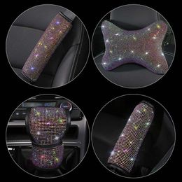 Steering Wheel Covers Fashion Crystal Diamond Seat Belt Cover Non-slip Headrest Armrest Protector For Women Car Styling Interior Accessories