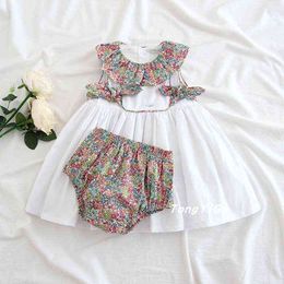 2PCS Baby Girls Summer Vintage Spanish Floral Flower Bow Princess Dress with Pants White Casual Dress for Baby Girls 100% Cotton G1129