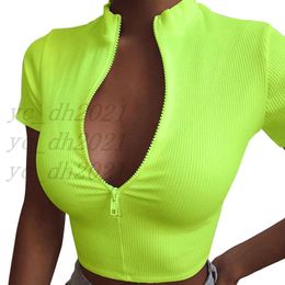 Women Crop Tops Sexy Zipper Short Sleeve T Shirts Ladies V Neck Tops Summer Fashion Female Shirts Girls Casual Tees,Free shipping