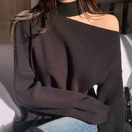 Halter Bare Shoulders Knitted Office Ladies Winter Autumn Loose Irregular Casual Elegant High Street Sweaters Tops 210525