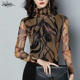 Spring Sexy Mesh Lace Women Tops Blouses Casual Long Sleeve Shirt Turtleneck Print Blouse Women Shirts Korean Office Blusas 7696 210527