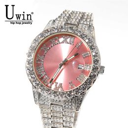 Uwin Big Dial Watches Pink Purple Blue Black Full Iced Out Men Stainless Steel Fashion Luxury s Quartz Business 210728