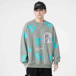 Men's long sleeved sweater 2021 autumn and winter new Korean Chao brand men's loose print round neck couple's coat H1206