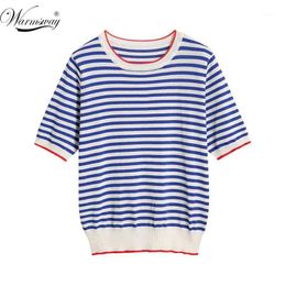 Women's T-Shirt Warmsway Thin Knitted T Shirt Women Clothes 2021 Summer Woman Short Sleeve Tees Tops Striped Casual Female Tshirt B-019