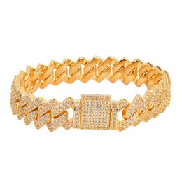 14mm Square Thick Cuban Link Bracelet Gold Colour Cubic Zirconia Hip Hop Iced Out Style Men's Rock Jewellery