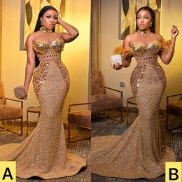 Plus Size Arabic Aso Ebi Gold Luxurious Mermaid Prom Dresses Crystals Beaded Feather Evening Formal Party Second Reception Gowns Dress ZJ744