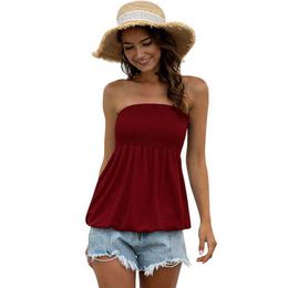 Summer Solid Colour Pleated Sexy Sleeveless Strapless Blouses Loose Hem Off Shoulder Blouse Fashion Ruffled Collarless T-shirt 210608