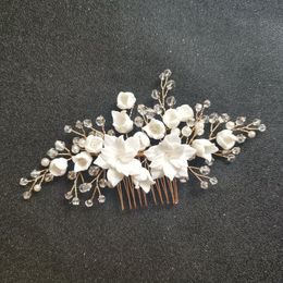 SLBRIDAL Handmade Crystal Rhinestone Simulated Pearls Ceramic Flower Bridal Wedding Comb Hair Pins Stickers Women Jewellery